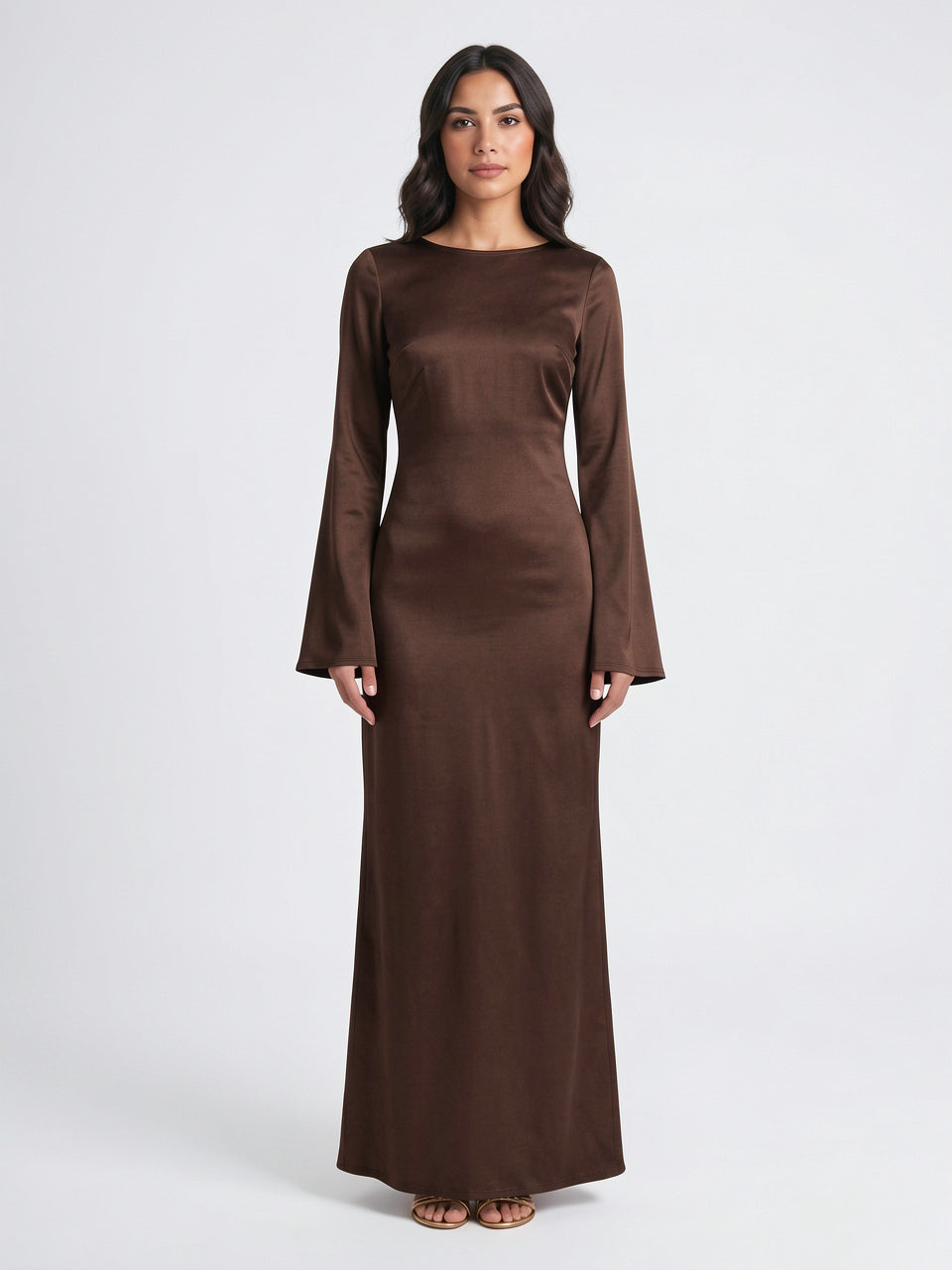 Robe Longue Manches Cloche Col Bateau Maxi Femme - Marron EU 34 / US 2 / UK 6