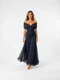 Robe Longue Maxi Viscose Mousseline Coupe Fluide Soirée - Bleu Marine EU 34 / US 2 / UK 6