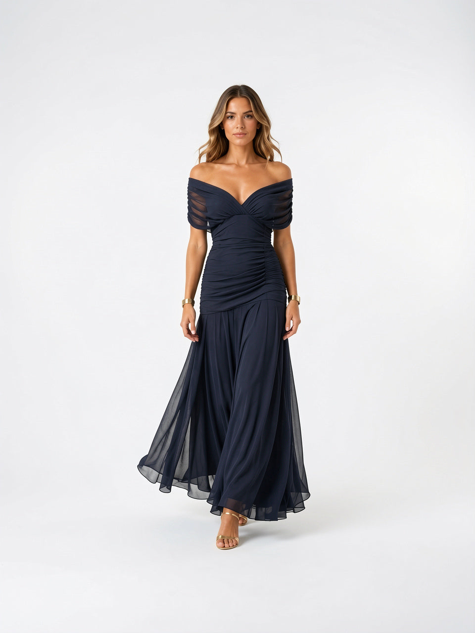 Robe Longue Maxi Viscose Mousseline Coupe Fluide Soirée - Bleu Marine EU 34 / US 2 / UK 6