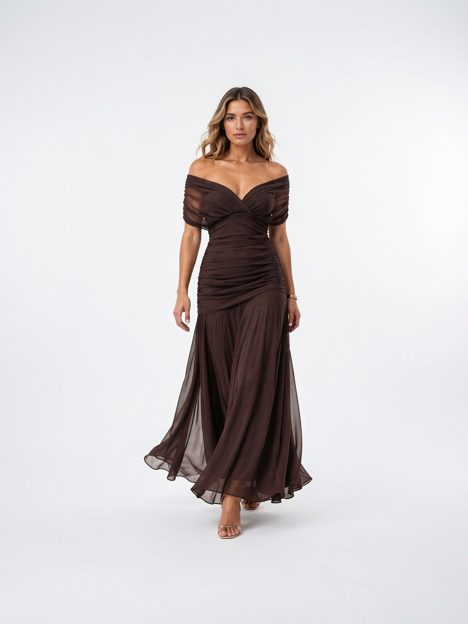 Robe Longue Maxi Viscose Mousseline Coupe Fluide Soirée - Marron EU 34 / US 2 / UK 6