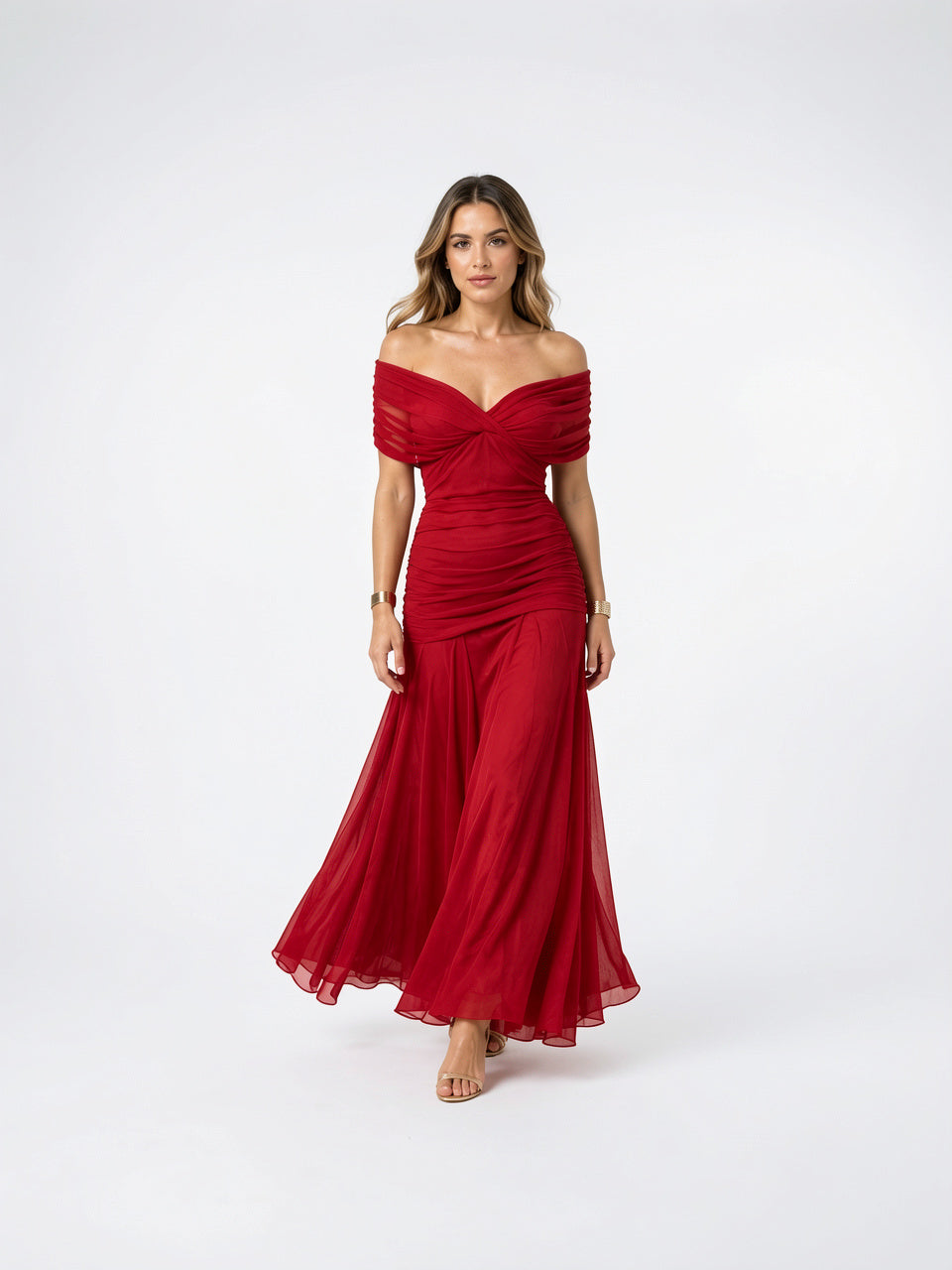 Robe Longue Maxi Viscose Mousseline Coupe Fluide Soirée - Rouge EU 34 / US 2 / UK 6