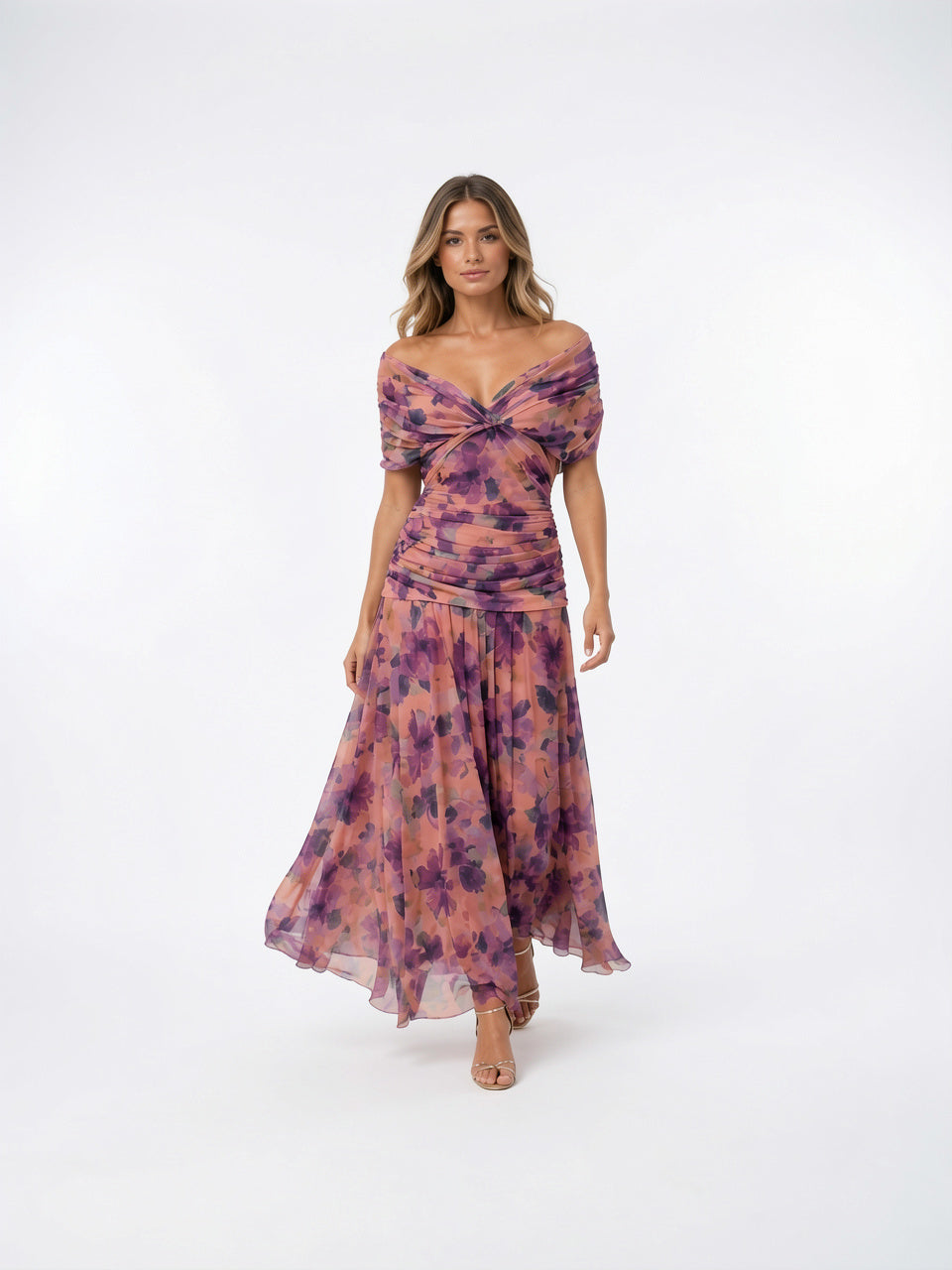 Robe Longue Maxi Viscose Mousseline Coupe Fluide Soirée - Violet EU 34 / US 2 / UK 6