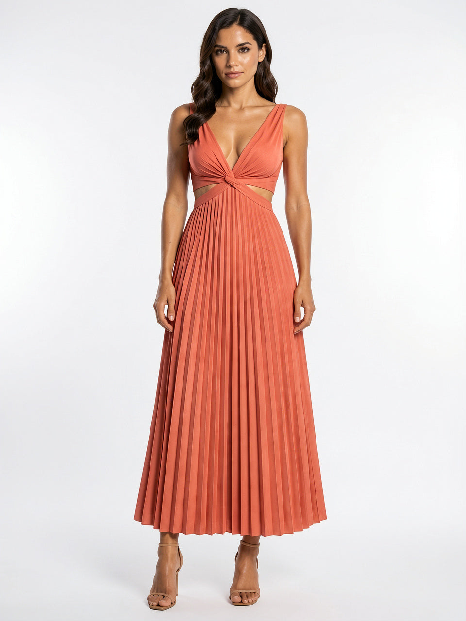 Robe Longue Plissée Fluide à Coupe Soirée Femme - Orange EU 36 / US 4 / UK 8