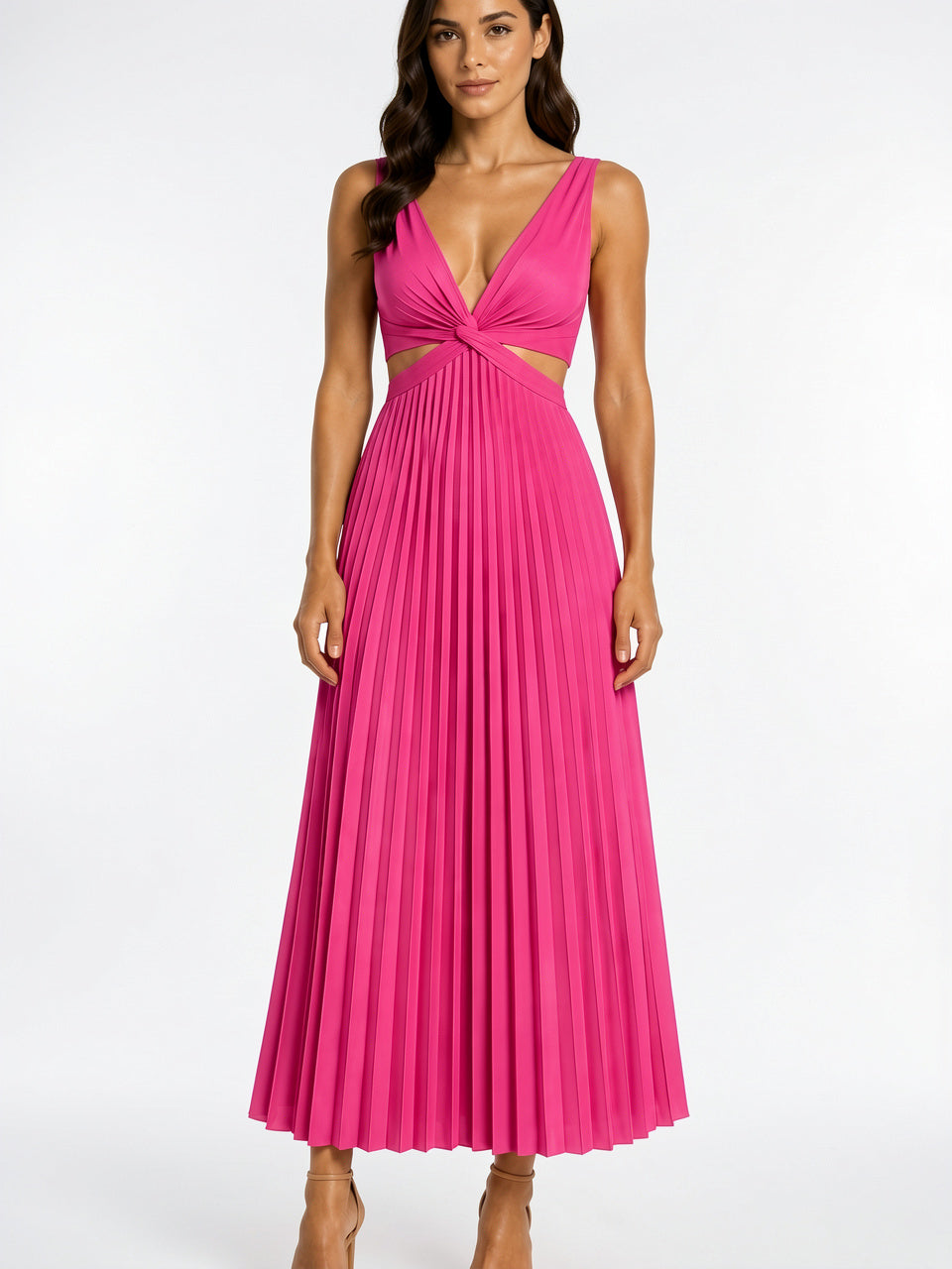 Robe Longue Plissée Fluide à Coupe Soirée Femme - Rose EU 36 / US 4 / UK 8