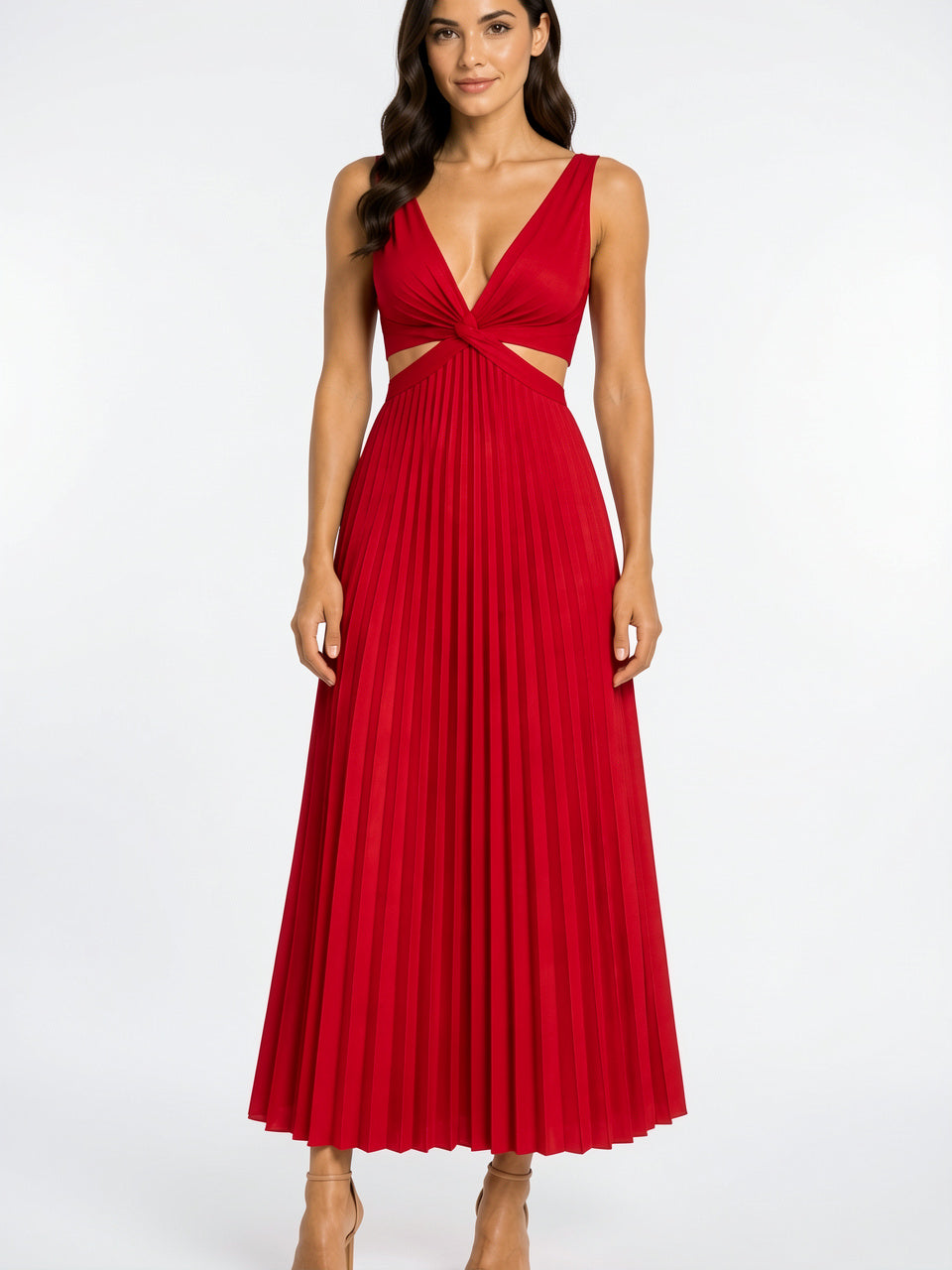 Robe Longue Plissée Fluide à Coupe Soirée Femme - Rouge EU 36 / US 4 / UK 8