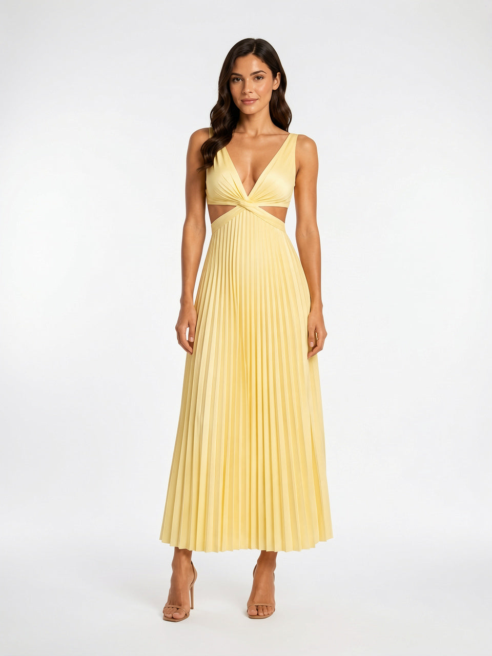 Robe Longue Plissée Fluide Coupe Maxi Femme - Jaune EU 34 / US 2 / UK 6