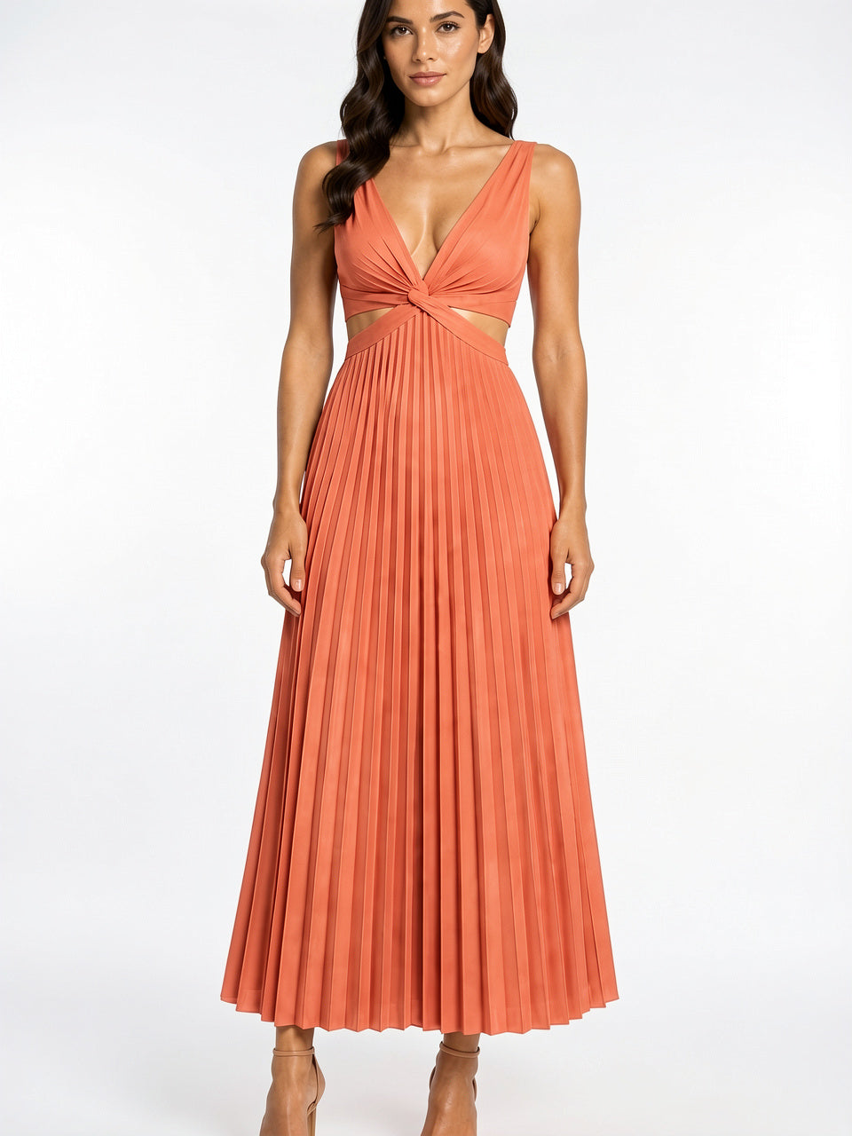 Robe Longue Plissée Fluide Coupe Maxi Femme - Orange EU 34 / US 2 / UK 6