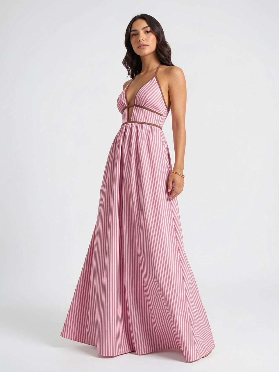 Robe Longue Rayée Halter Coton Femme Plage - 10