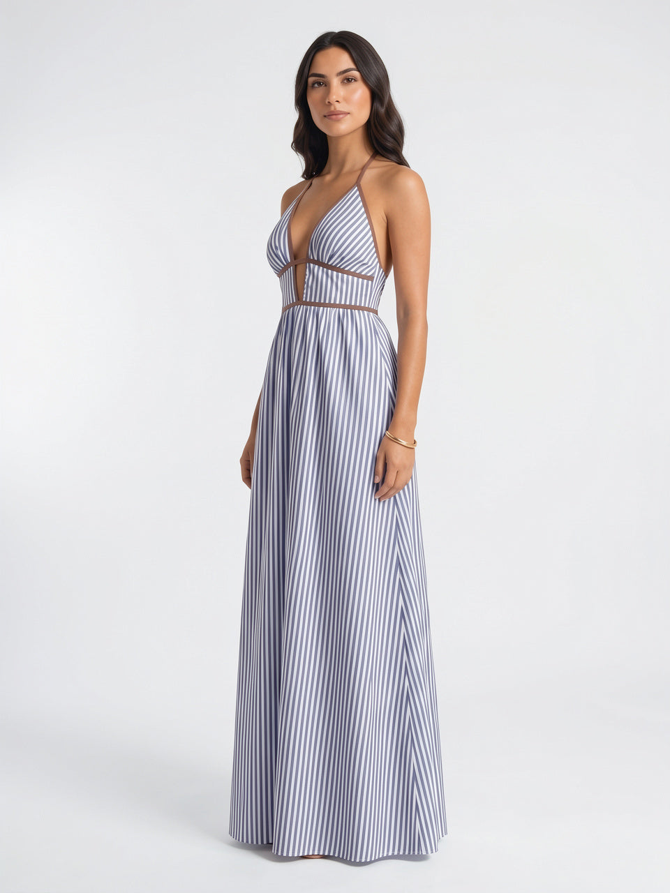Robe Longue Rayée Halter Coton Femme Plage - 12