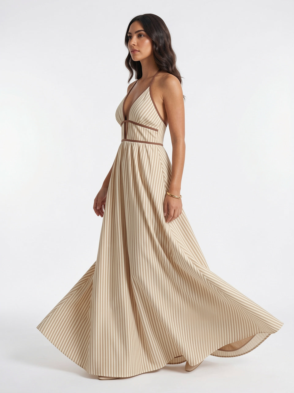 Robe Longue Rayée Halter Coton Femme Plage - 14