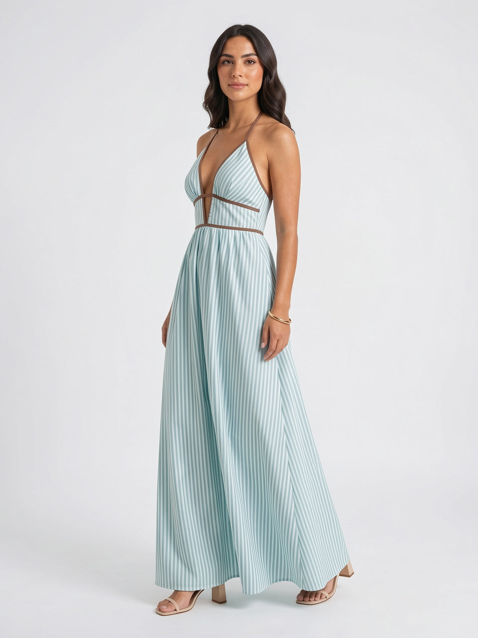 Robe Longue Rayée Halter Coton Femme Plage - 24