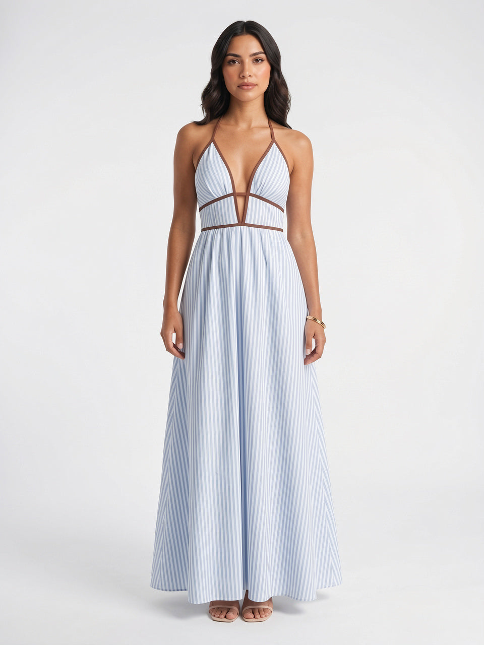 Robe Longue Rayée Halter Coton Femme Plage - Bleu EU 34 / US 2 / UK 6