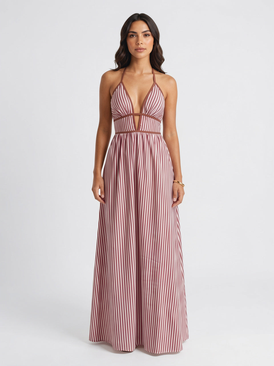 Robe Longue Rayée Halter Coton Femme Plage - Bordeaux EU 34 / US 2 / UK 6
