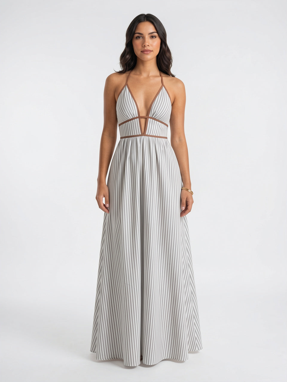 Robe Longue Rayée Halter Coton Femme Plage - Gris EU 34 / US 2 / UK 6