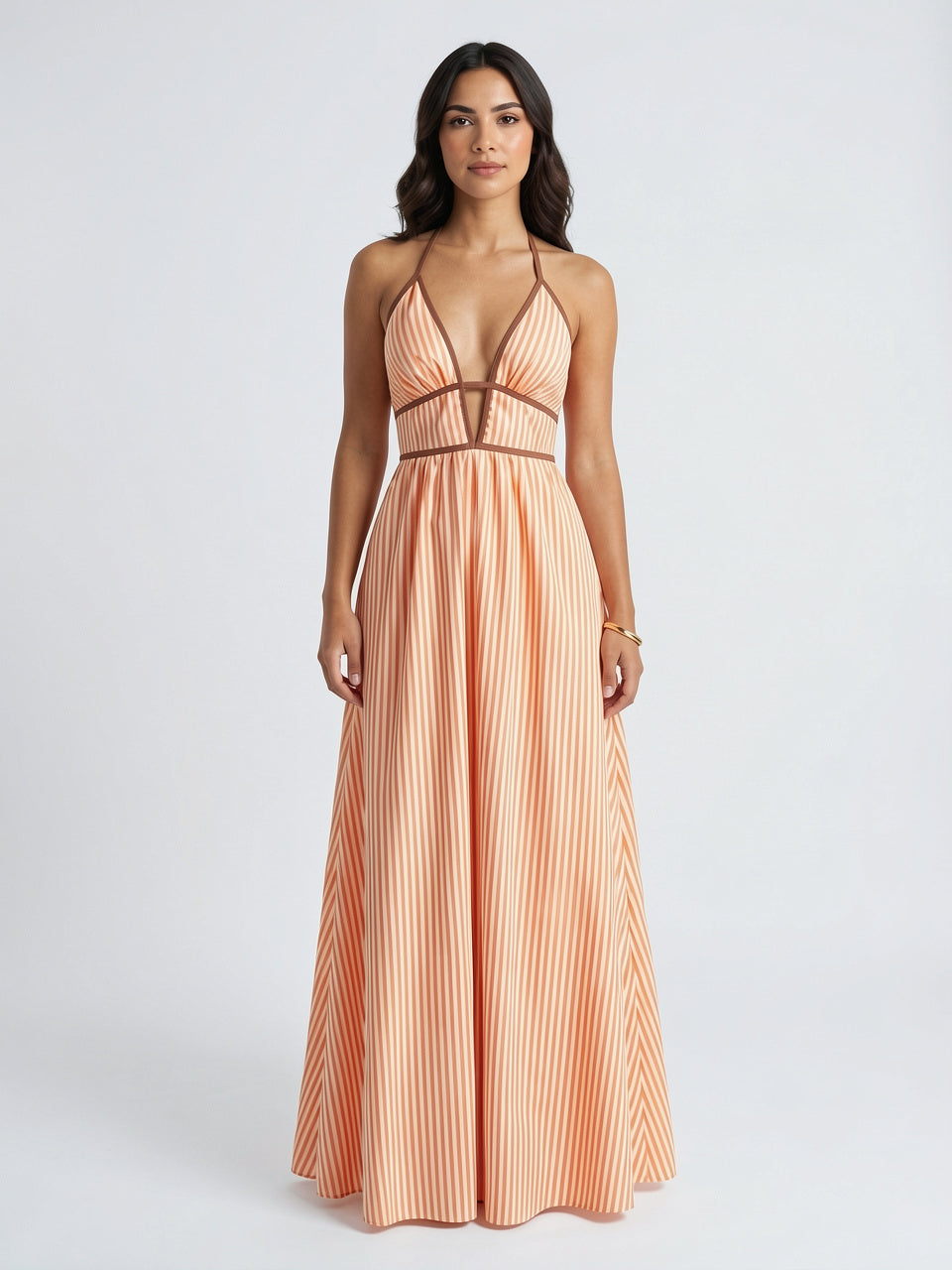 Robe Longue Rayée Halter Coton Femme Plage - Orange EU 34 / US 2 / UK 6