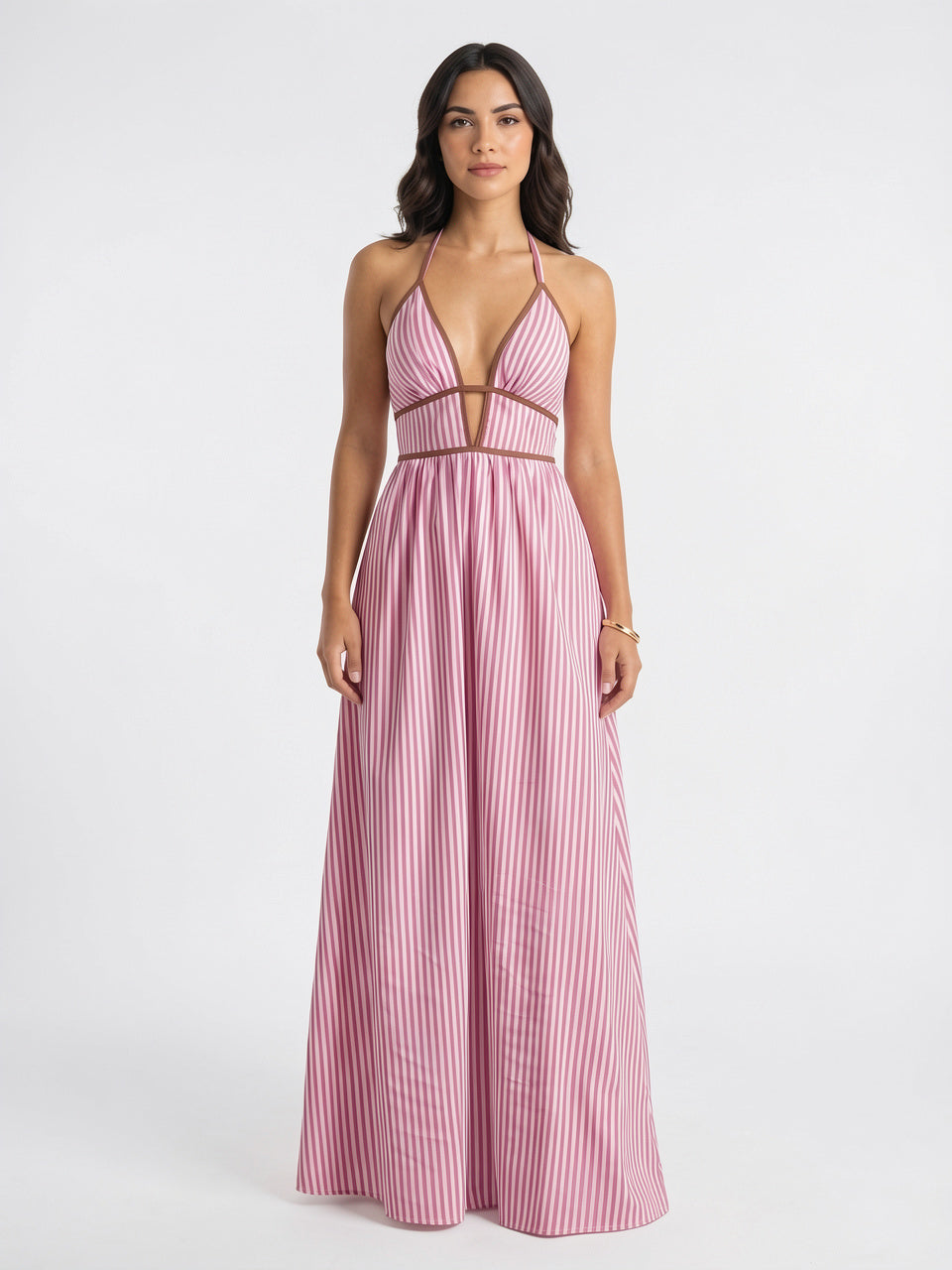 Robe Longue Rayée Halter Coton Femme Plage - Rose EU 34 / US 2 / UK 6