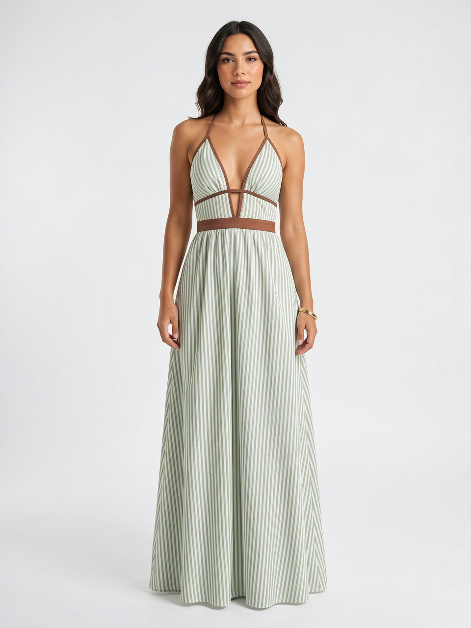 Robe Longue Rayée Halter Coton Femme Plage - Vert EU 34 / US 2 / UK 6