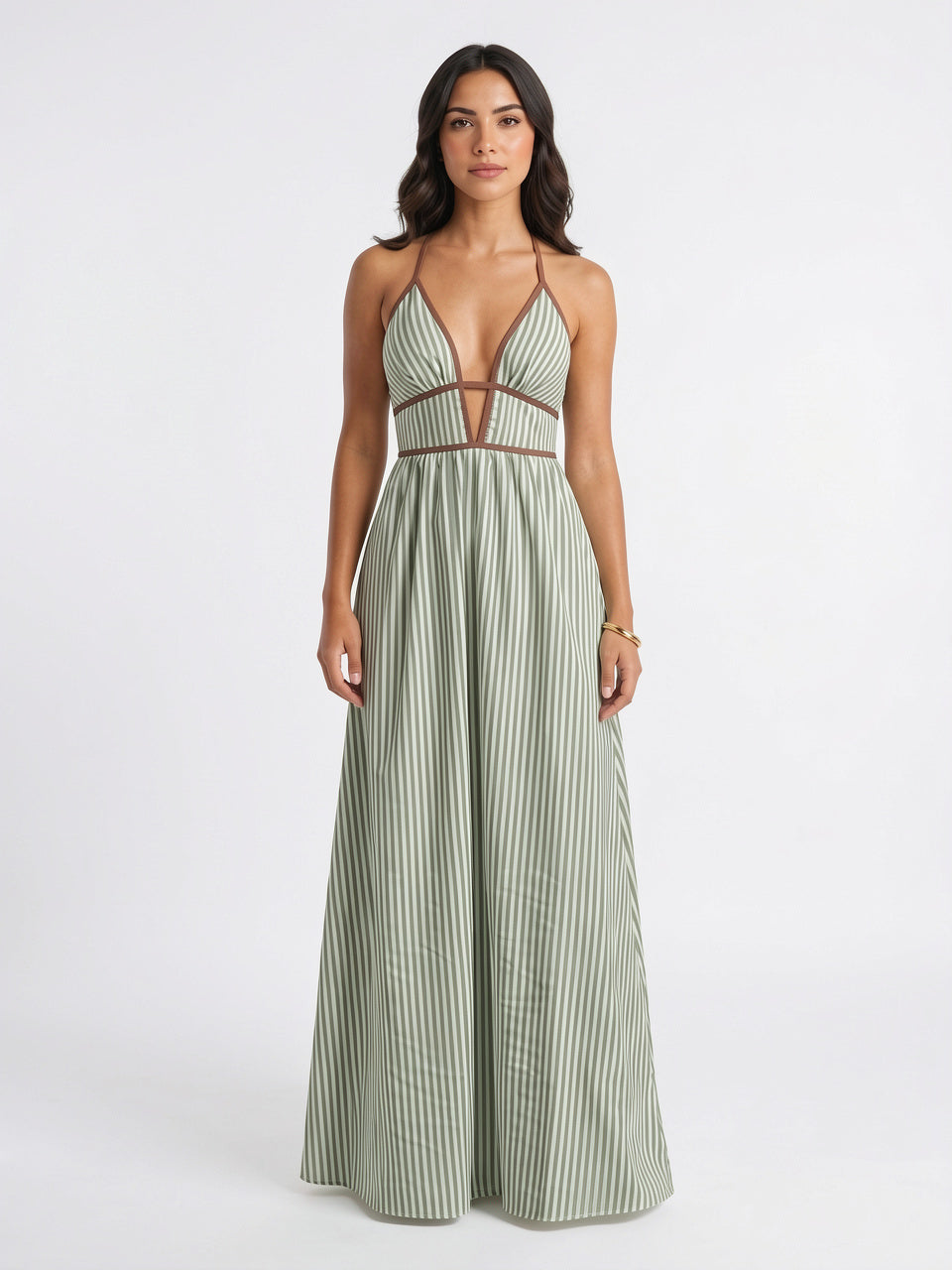 Robe Longue Rayée Halter Coton Femme Plage - Vert Olive EU 34 / US 2 / UK 6