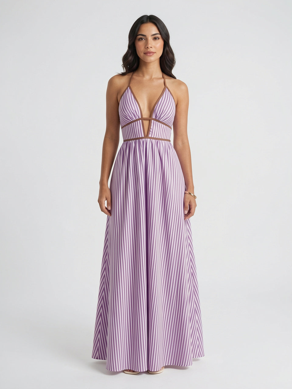 Robe Longue Rayée Halter Coton Femme Plage - Violet EU 34 / US 2 / UK 6