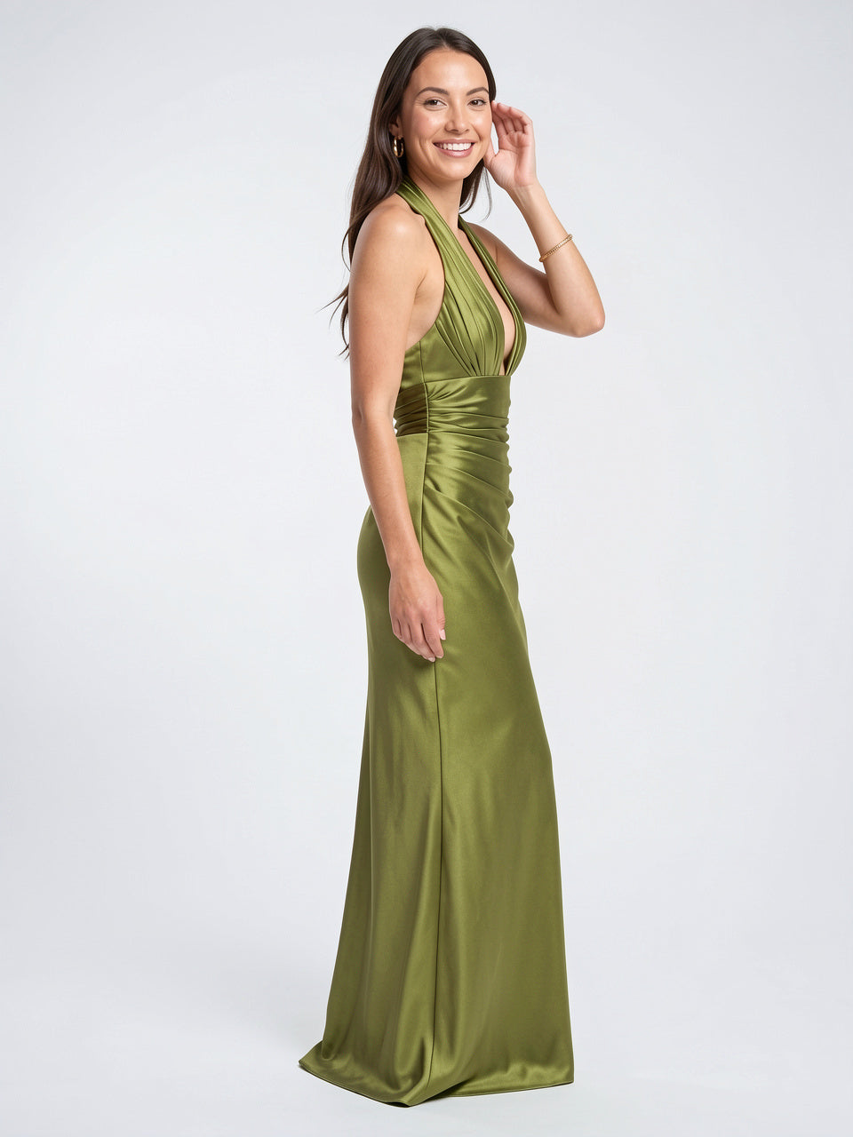 Robe Longue Satin Halter Ruchée Décolleté Soirée Mariage - 2