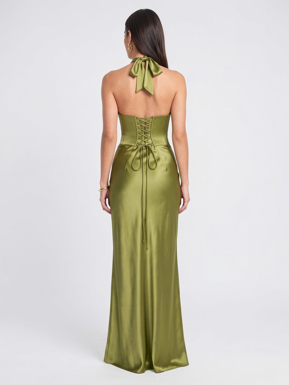 Robe Longue Satin Halter Ruchée Décolleté Soirée Mariage - 4