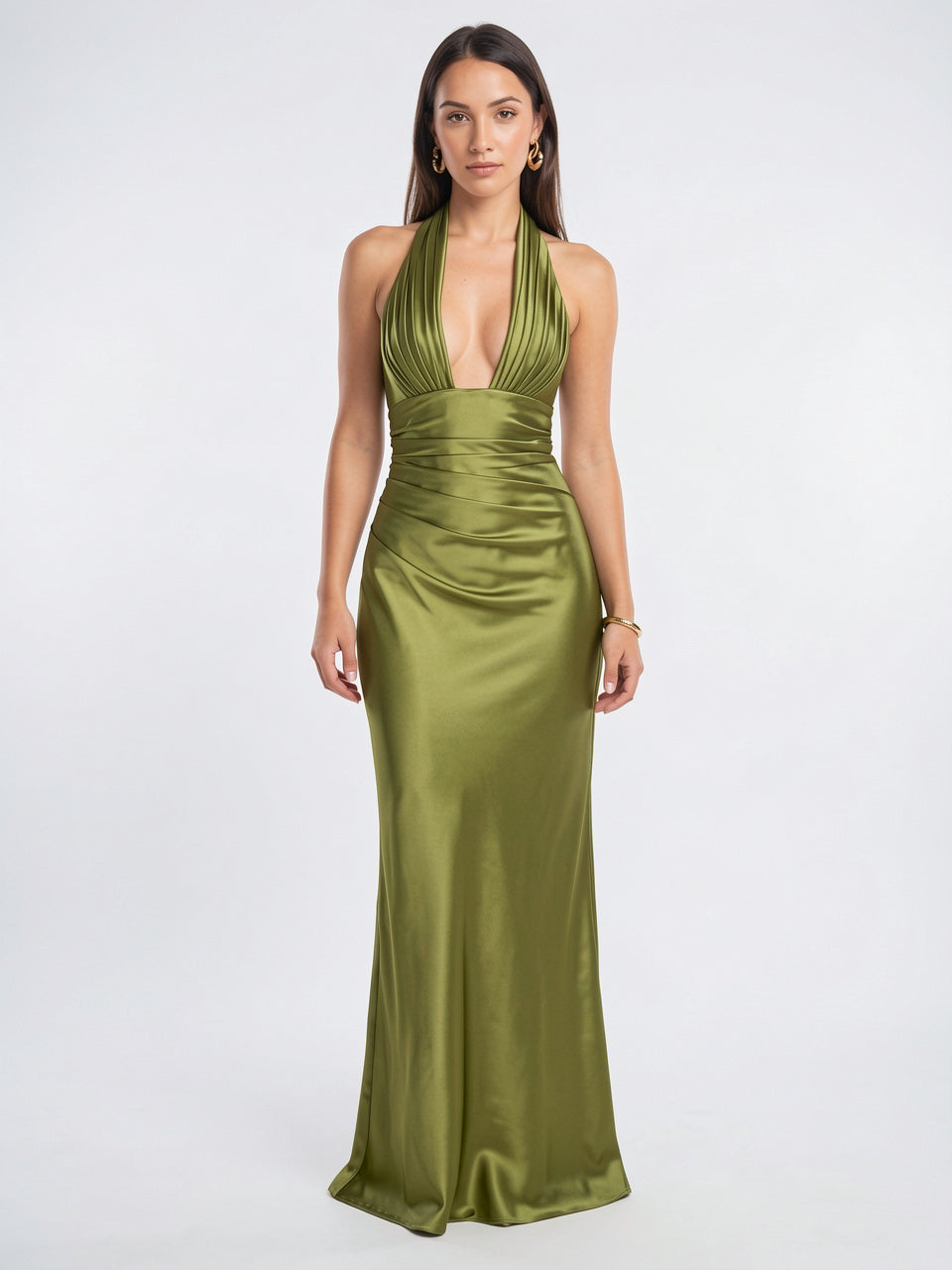 Robe Longue Satin Halter Ruchée Décolleté Soirée Mariage - Vert Olive S