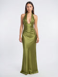 Robe Longue Satin Halter Ruchée Décolleté Soirée Mariage - Vert Olive S