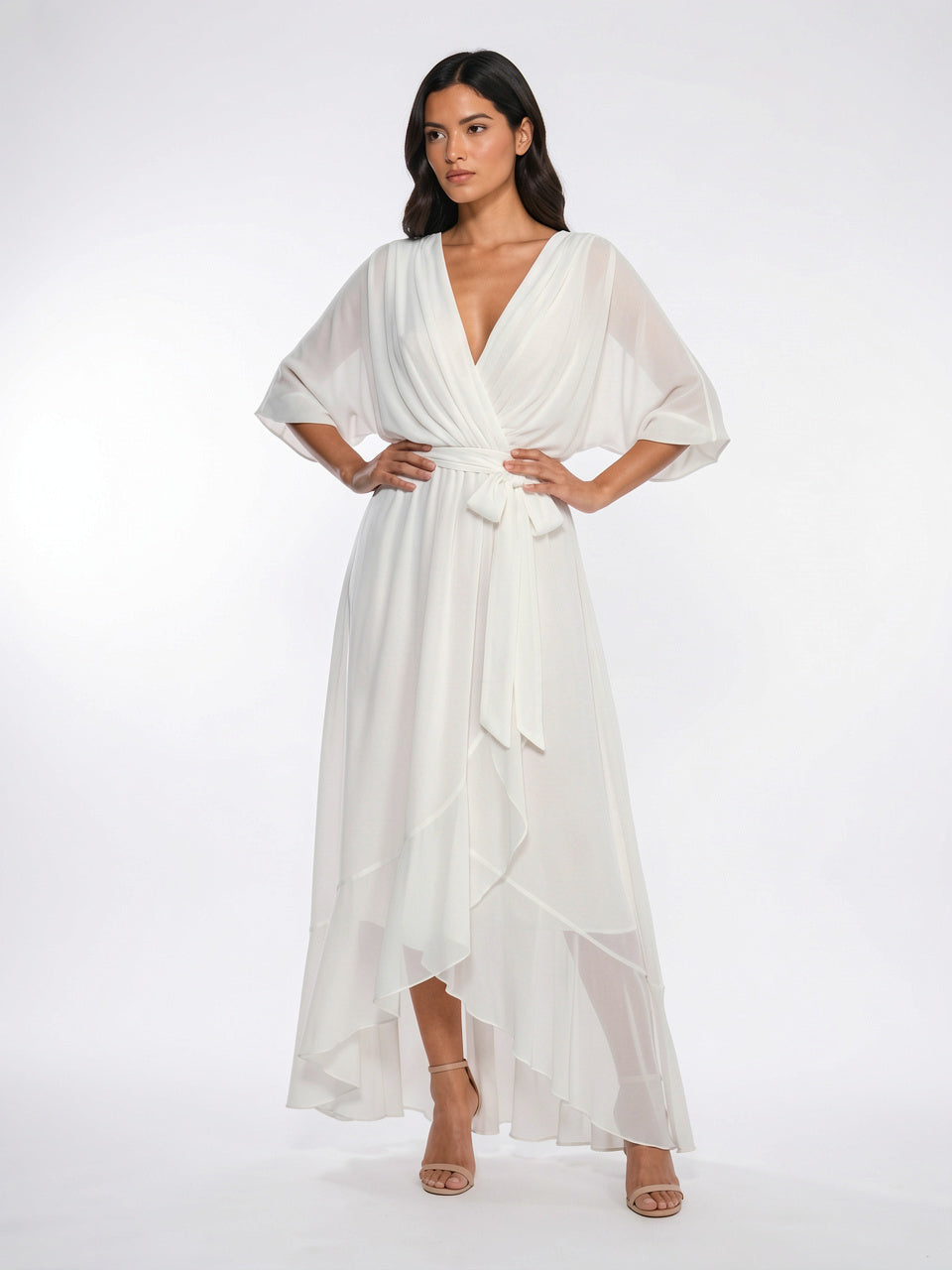 Robe Longue V Décolleté Mousseline Été Femme - Blanc EU 36 / US 4 / UK 8