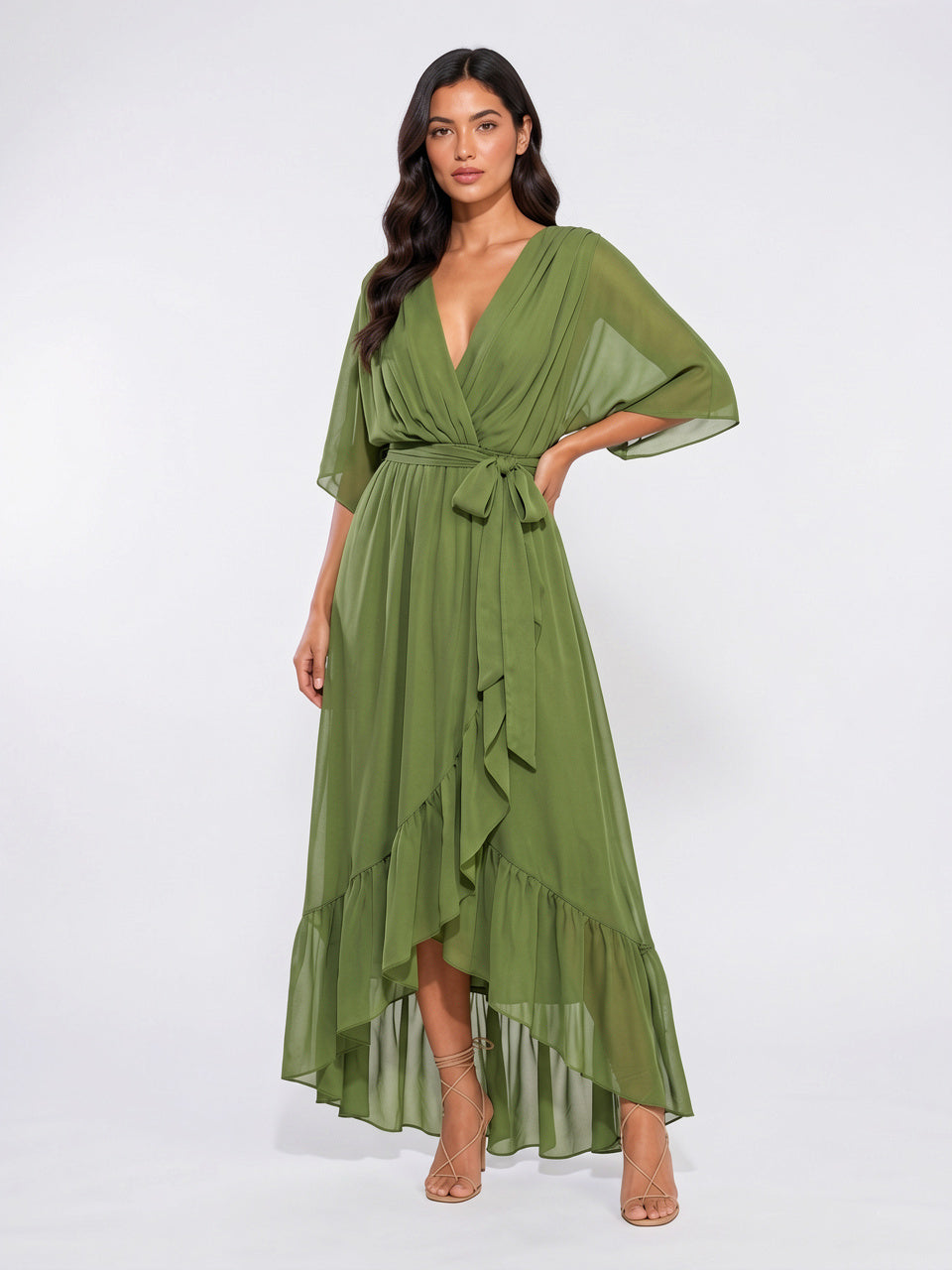 Robe Longue V Décolleté Mousseline Été Femme - Vert EU 36 / US 4 / UK 8