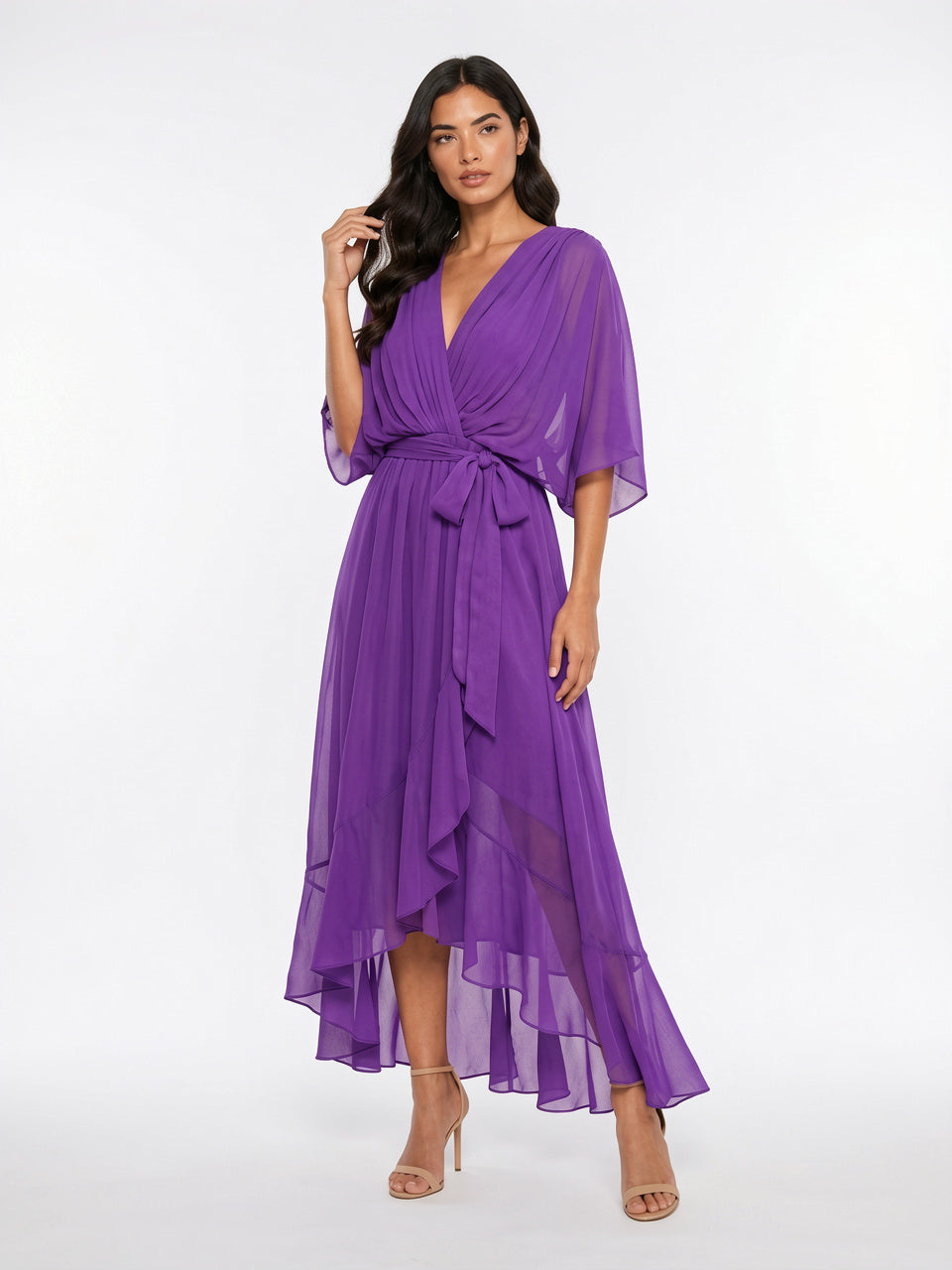 Robe Longue V Décolleté Mousseline Été Femme - Violet EU 36 / US 4 / UK 8