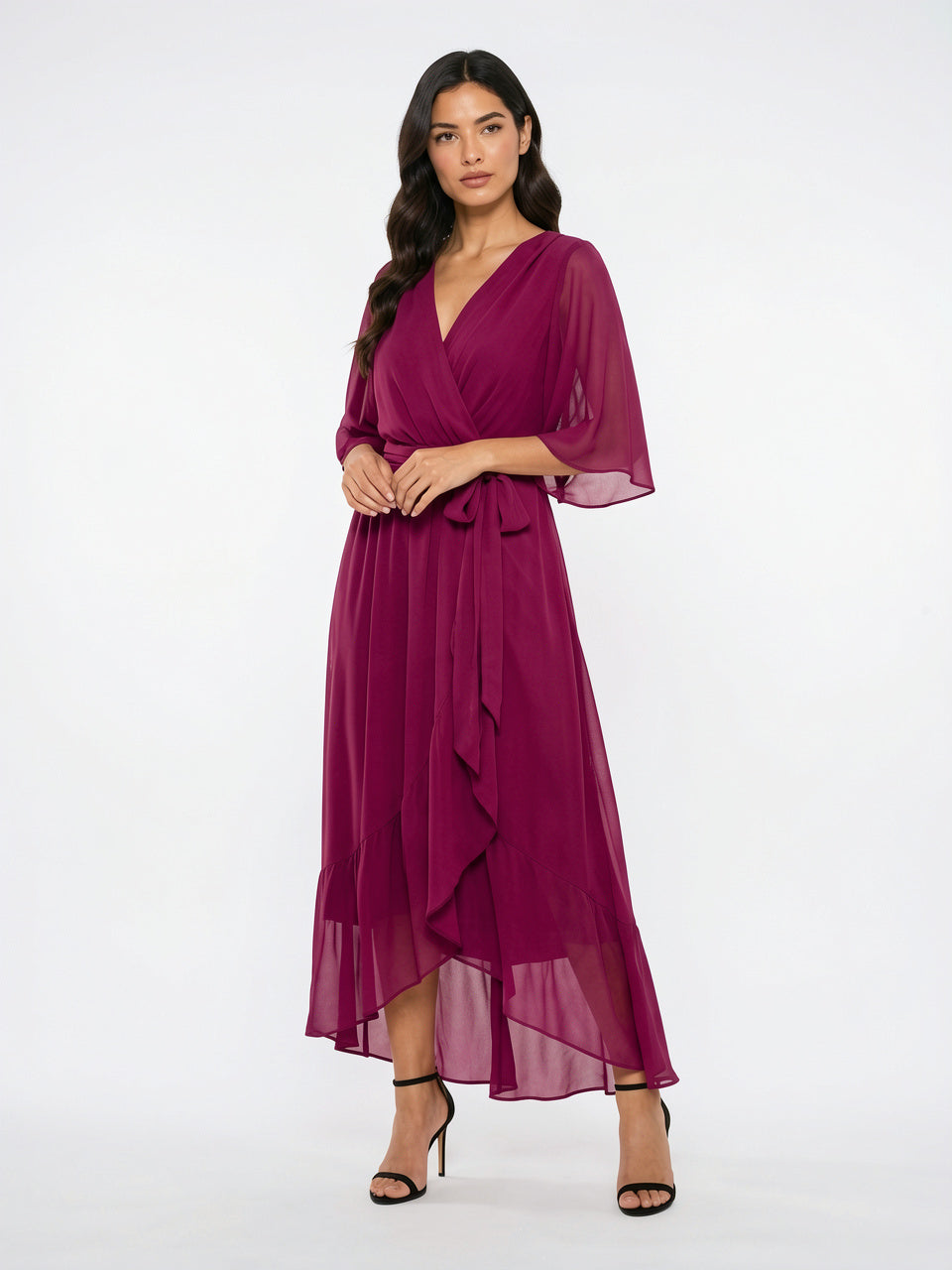 Robe Longue V Décolleté Mousseline Été Femme - Violet Foncé EU 36 / US 4 / UK 8