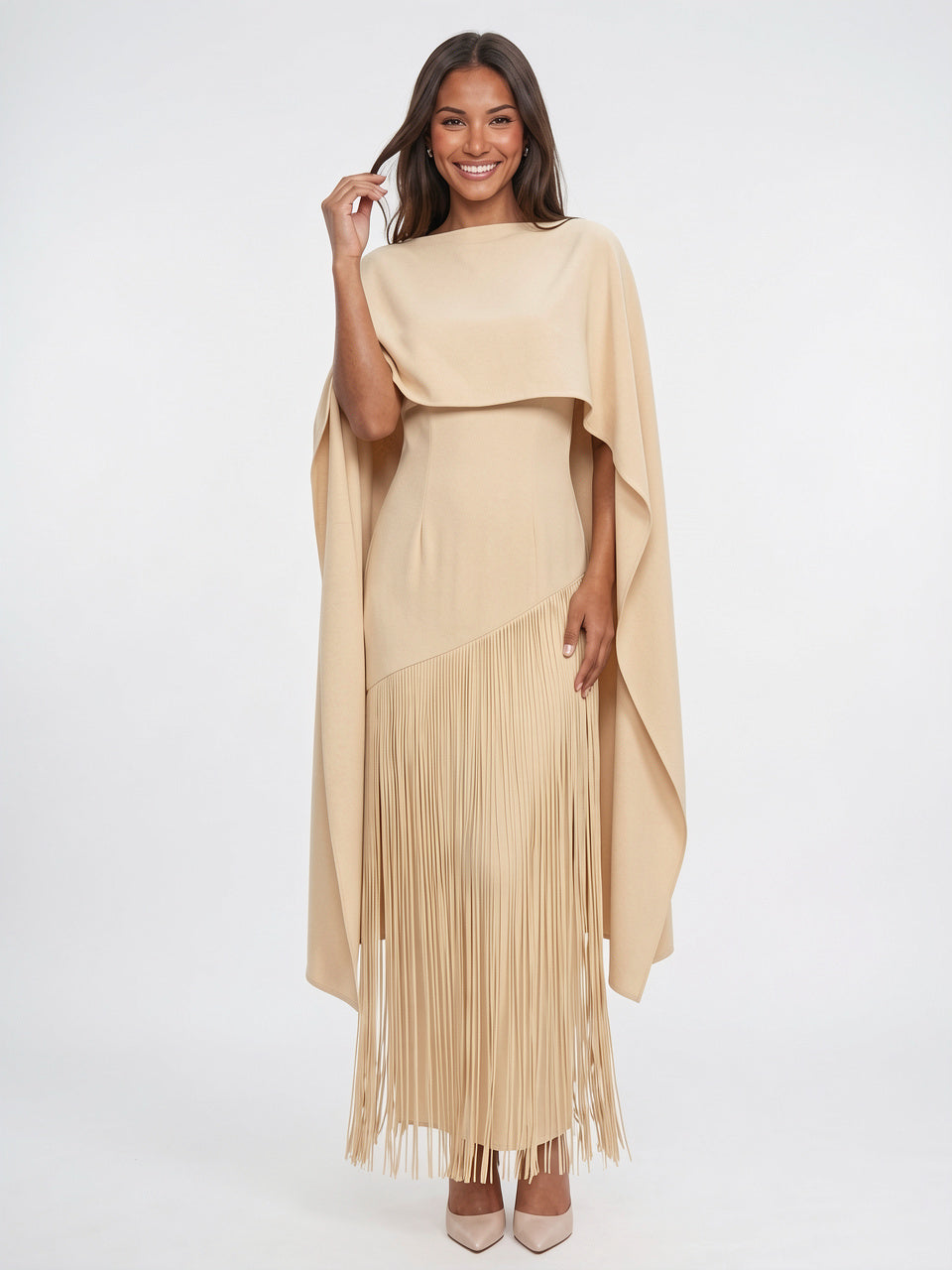 Robe Maxi Cape Frange Invitée Mariage Soirée Femme - Beige S