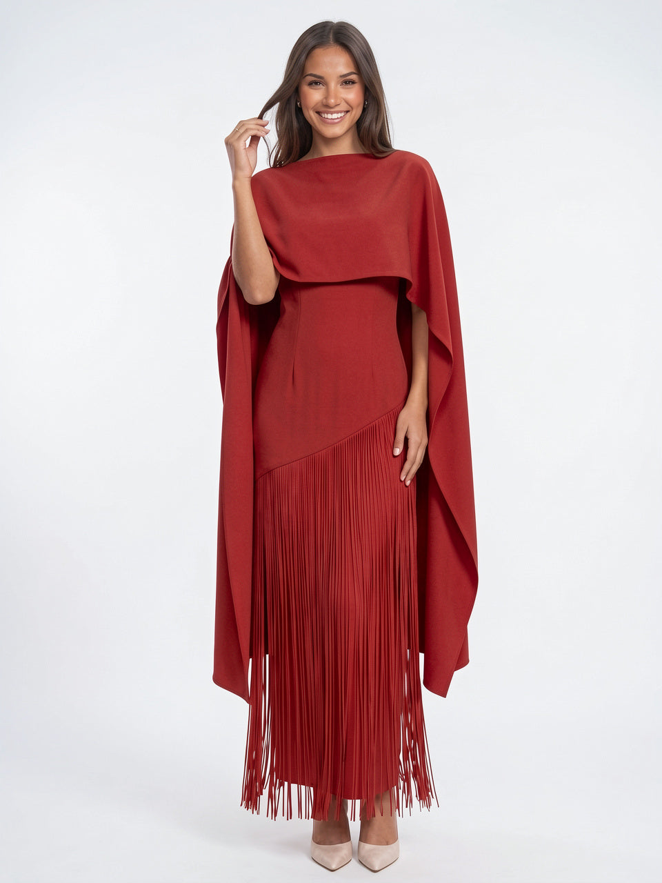 Robe Maxi Cape Frange Invitée Mariage Soirée Femme - Bordeaux S