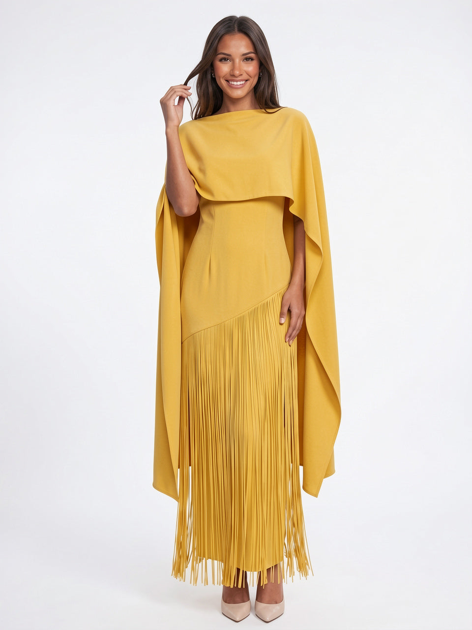Robe Maxi Cape Frange Invitée Mariage Soirée Femme - Jaune S