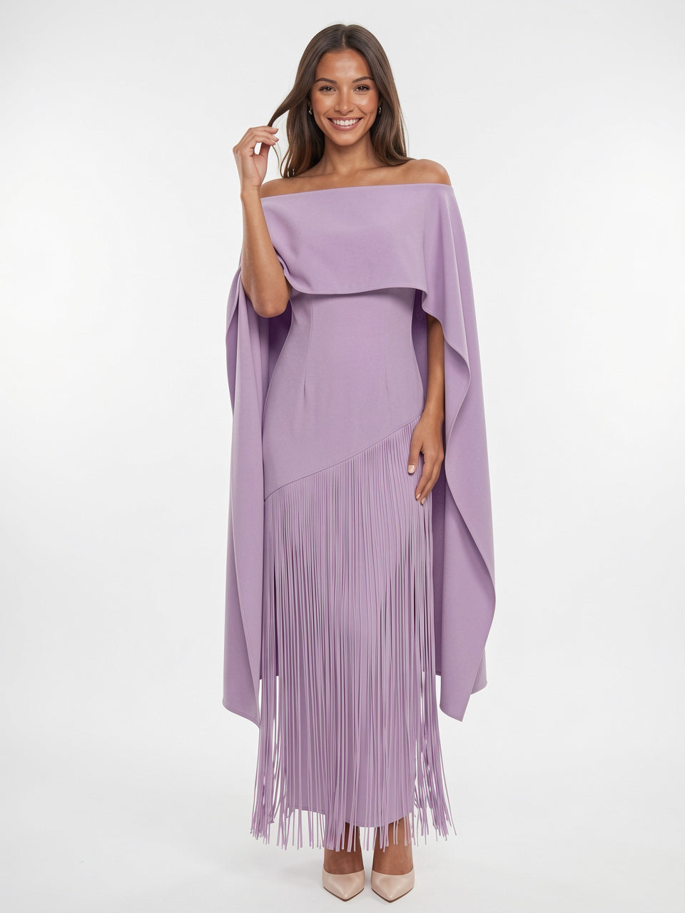 Robe Maxi Cape Frange Invitée Mariage Soirée Femme - Violet S