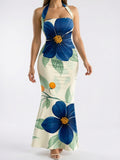 Robe Maxi Fleurie Col Halter Fluide - Fleuri Bleu EU 34 / US 2 / UK 6