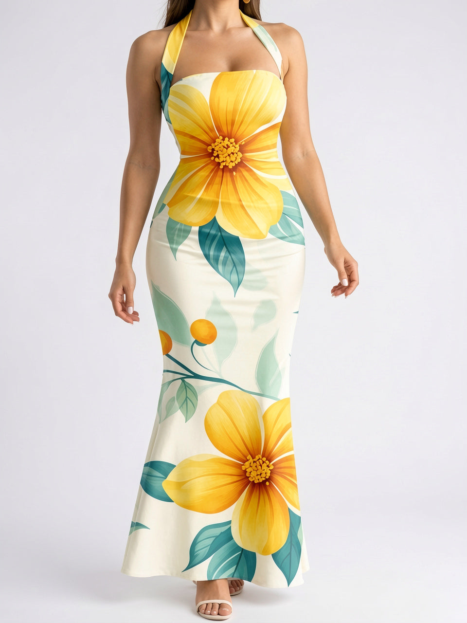 Robe Maxi Fleurie Col Halter Fluide - Fleuri Jaune EU 34 / US 2 / UK 6
