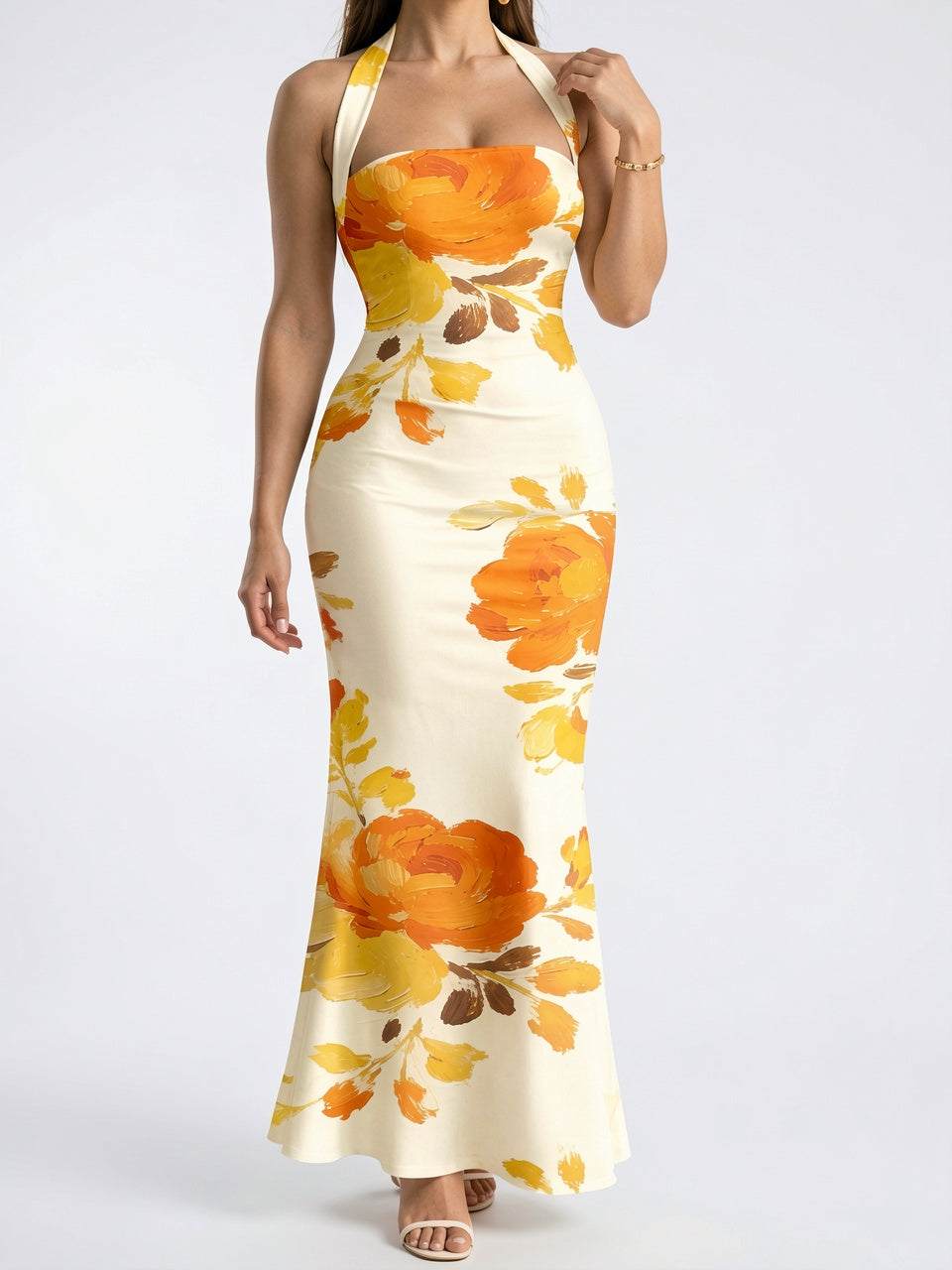 Robe Maxi Fleurie Col Halter Fluide - Fleuri Orange EU 34 / US 2 / UK 6