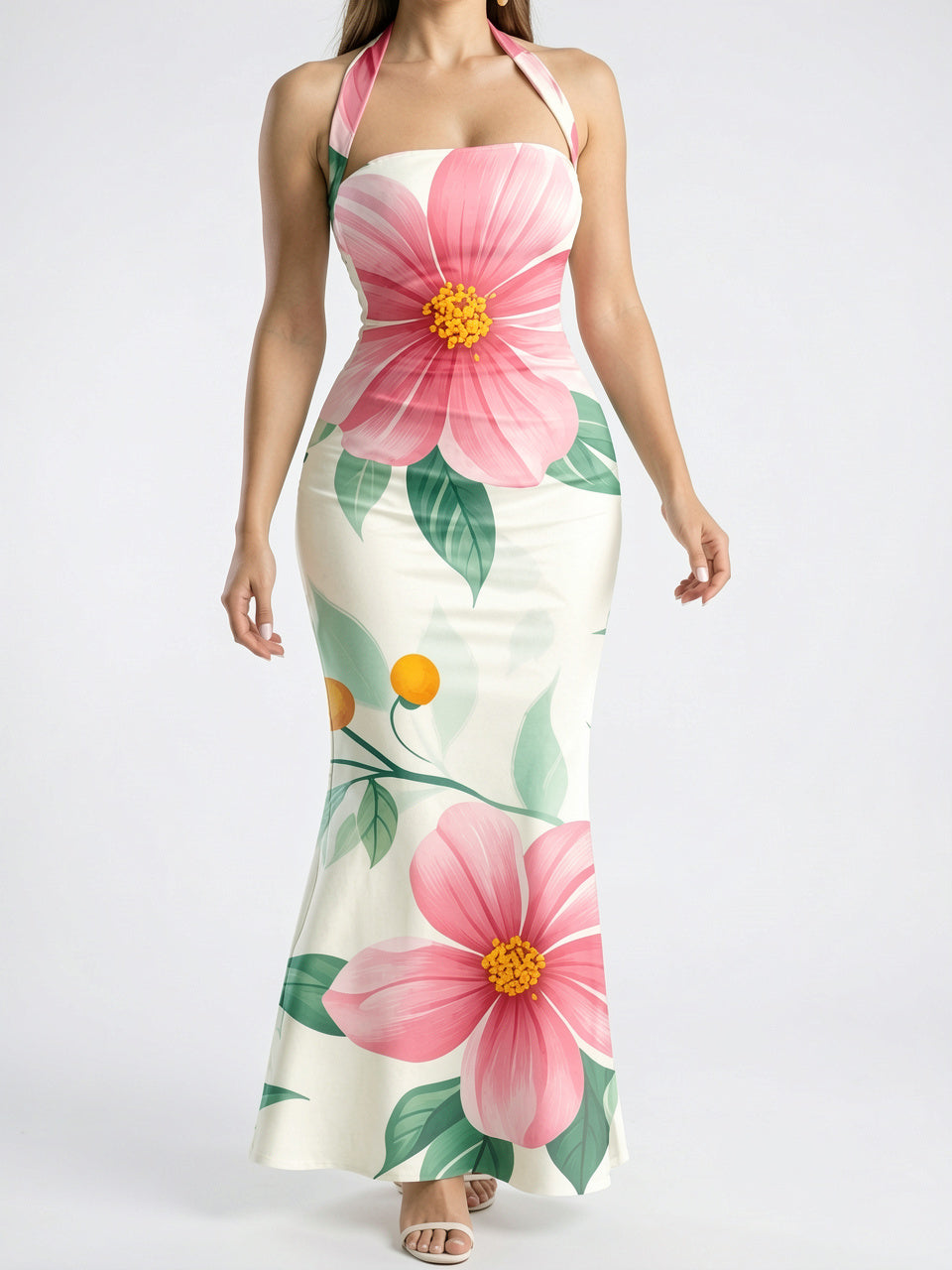 Robe Maxi Fleurie Col Halter Fluide - Fleuri Rose EU 34 / US 2 / UK 6