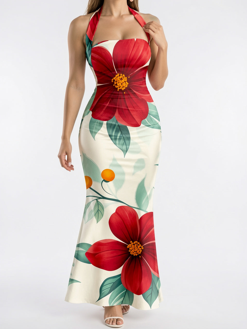 Robe Maxi Fleurie Col Halter Fluide - Fleuri Rouge EU 34 / US 2 / UK 6
