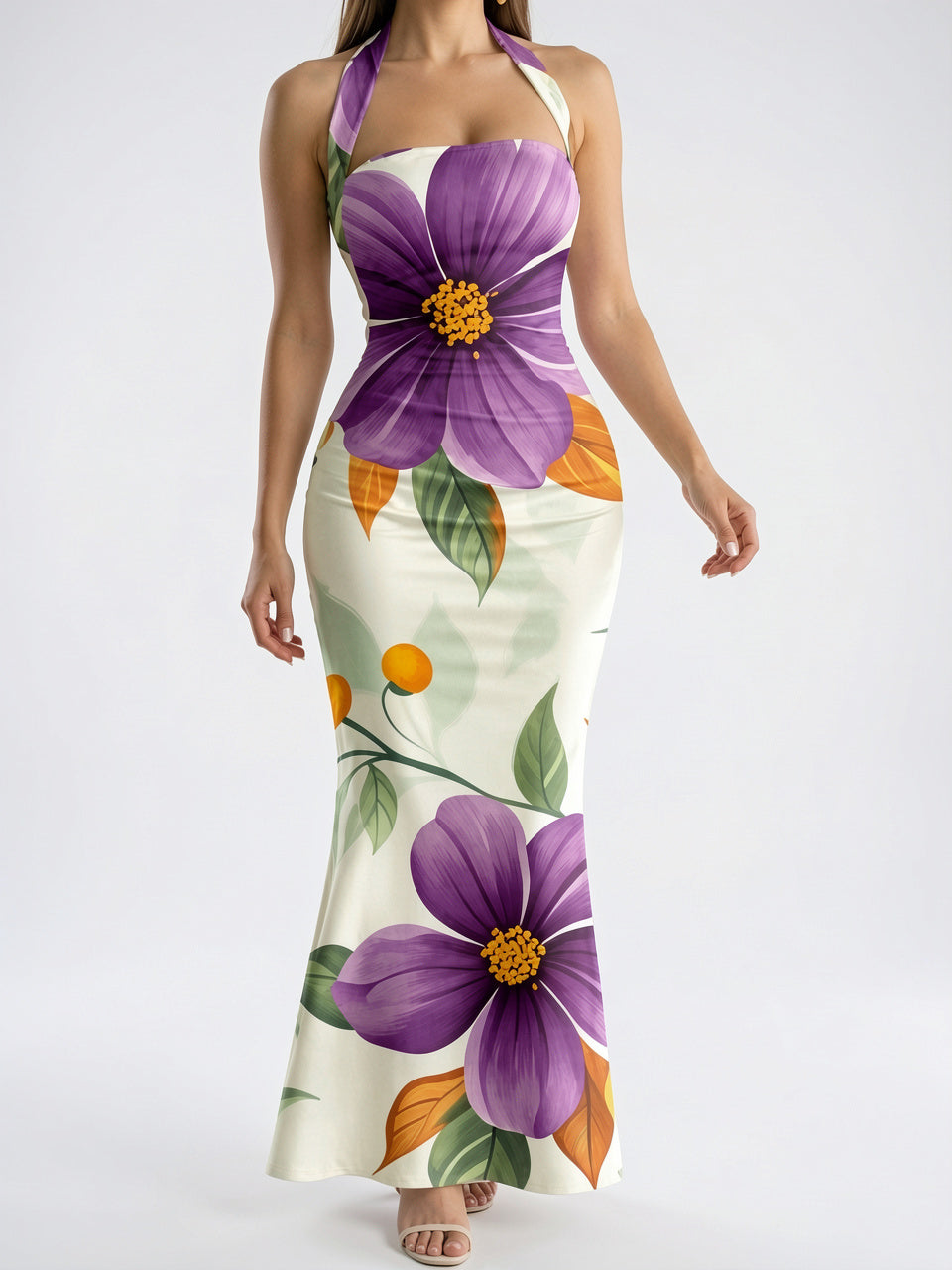 Robe Maxi Fleurie Col Halter Fluide - Fleuri Violet EU 34 / US 2 / UK 6