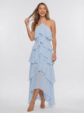 Robe Maxi Volants Col Halter Mousseline Soir Été - Bleu Clair EU 36 / US 4 / UK 8
