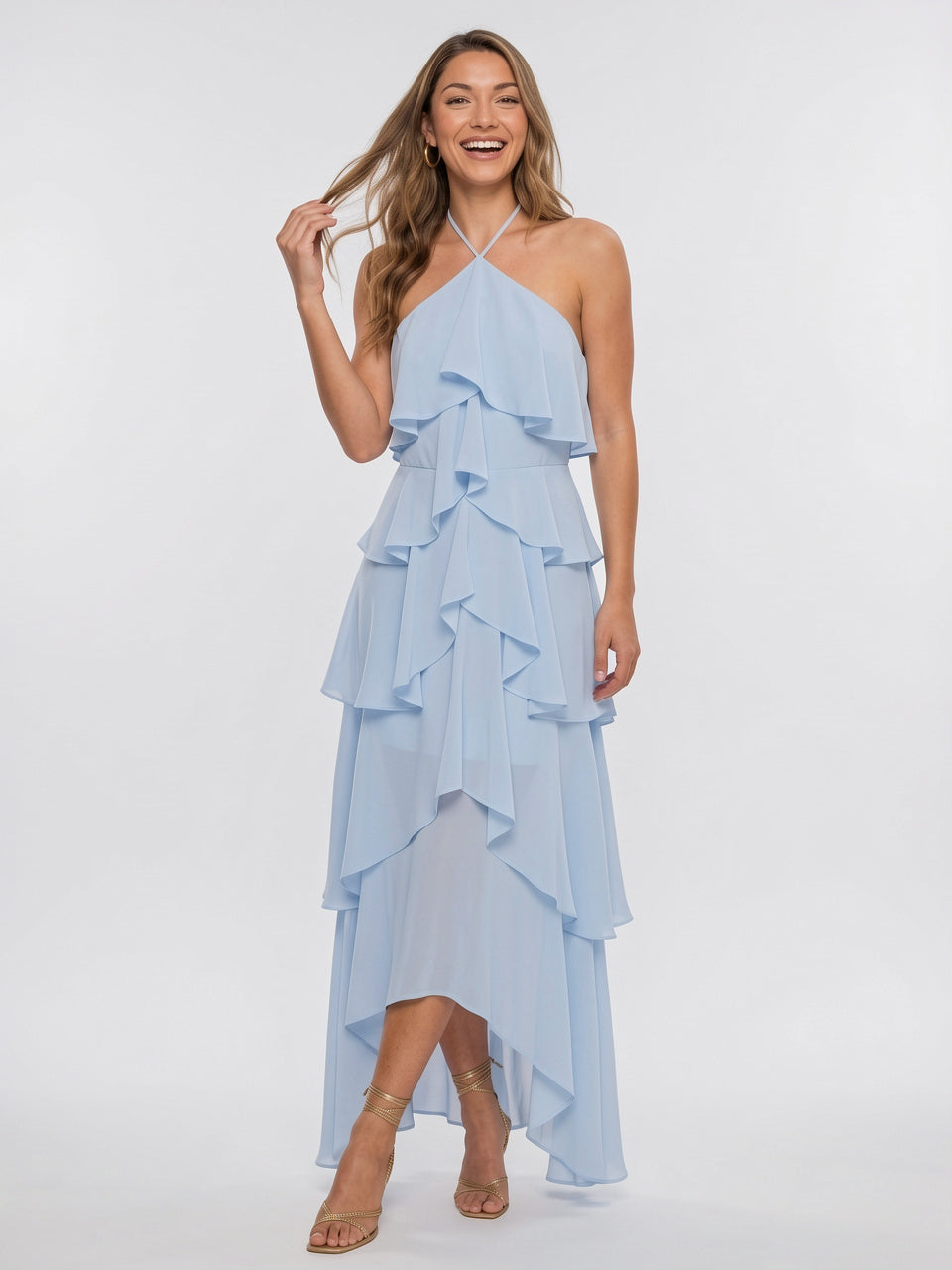 Robe Maxi Volants Col Halter Mousseline Soir Été - Bleu Clair EU 36 / US 4 / UK 8