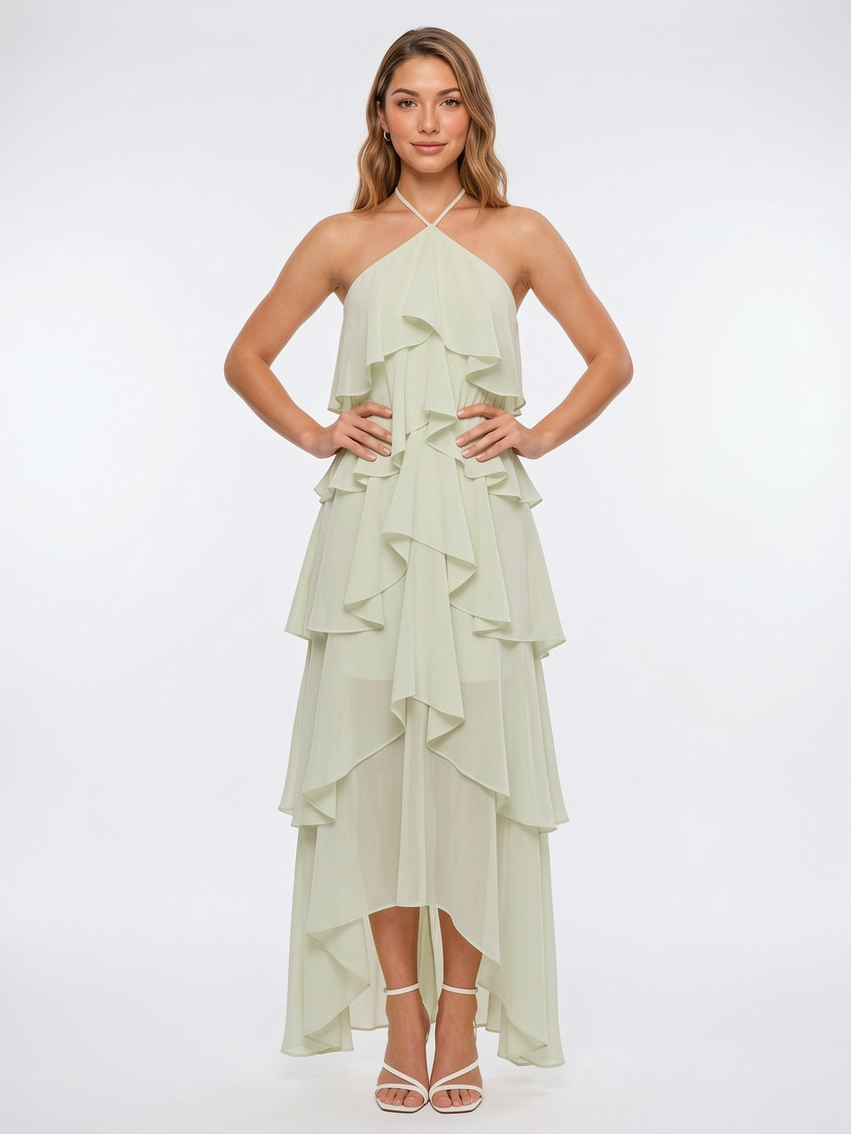 Robe Maxi Volants Col Halter Mousseline Soir Été - Vert Clair EU 36 / US 4 / UK 8