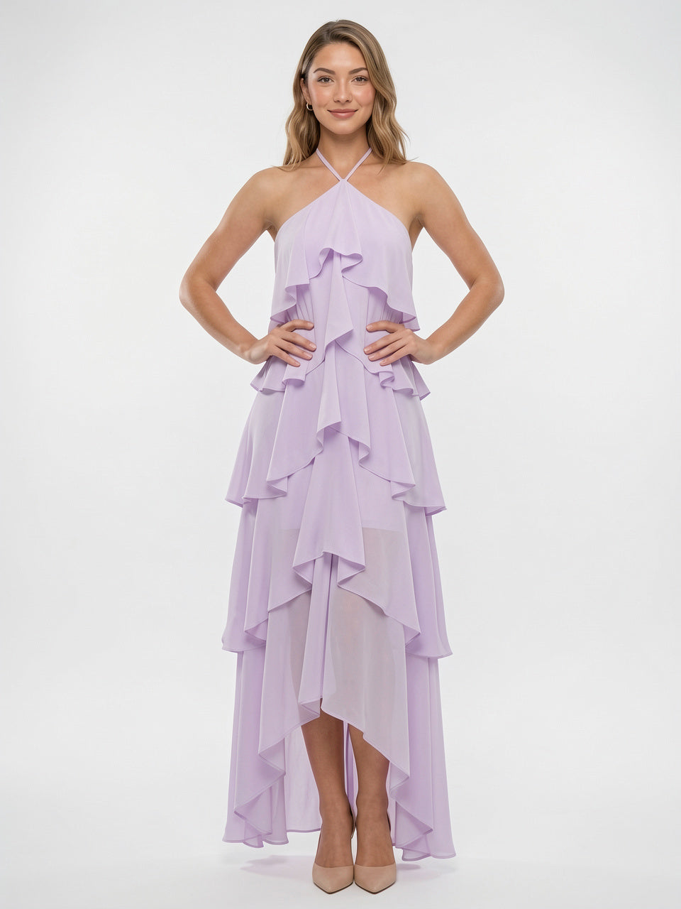 Robe Maxi Volants Col Halter Mousseline Soir Été - Violet EU 36 / US 4 / UK 8