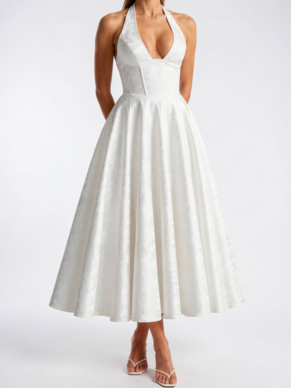 Robe Midi Col Halter Corset Soirée Fluide - Blanc XS