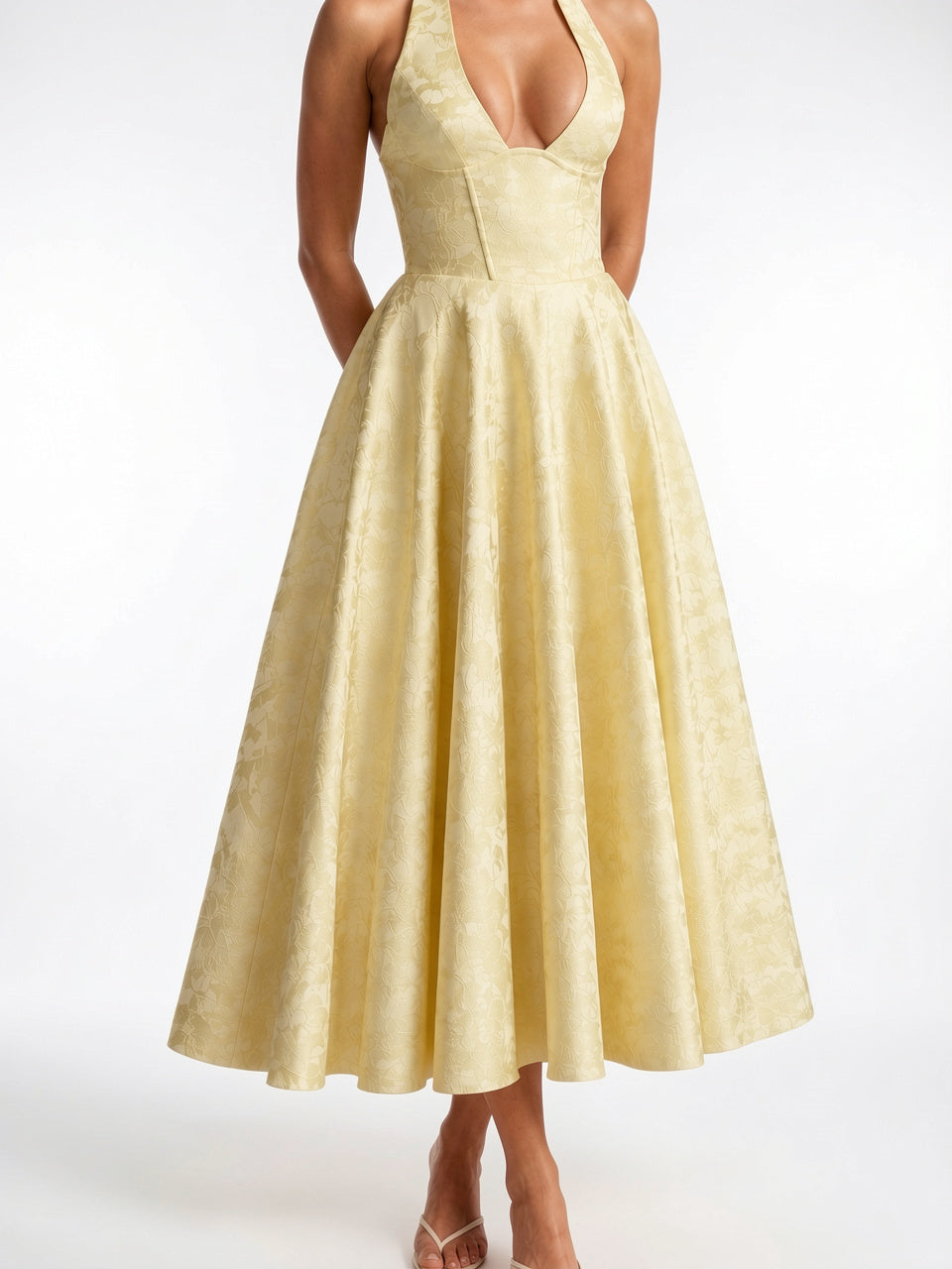 Robe Midi Col Halter Corset Soirée Fluide - Jaune XS