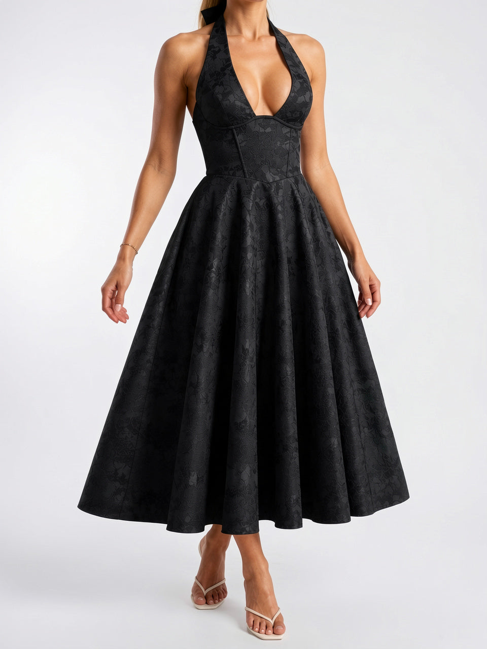 Robe Midi Col Halter Corset Soirée Fluide - Noir XS