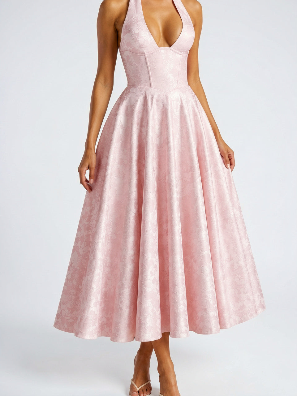Robe Midi Col Halter Corset Soirée Fluide - Rose XS