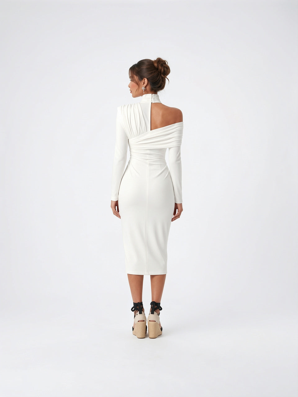 Robe Midi Épaule Ruchée Occasion Formelle Soirée Invitée - 4